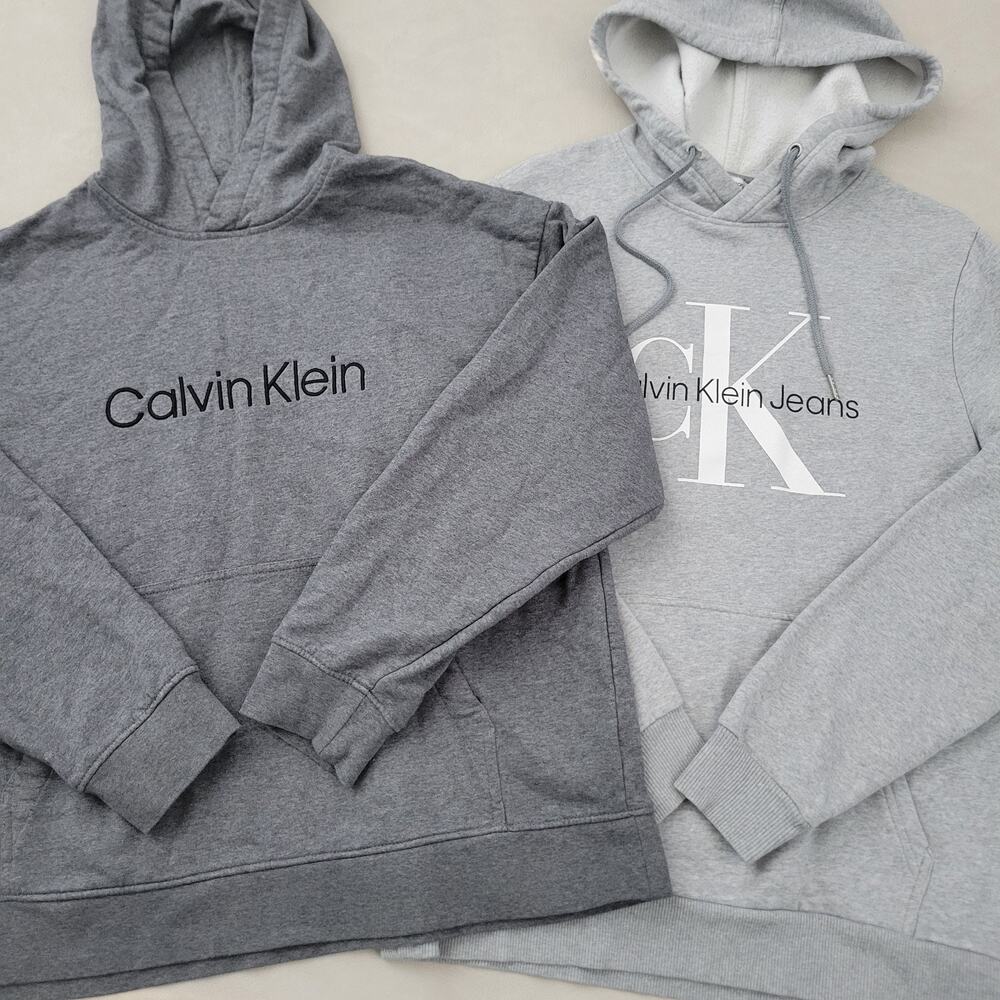 Lot (2) Calvin Klein Gray Fleece Pullover Hoodie Men M Logo Drawstring Pockets